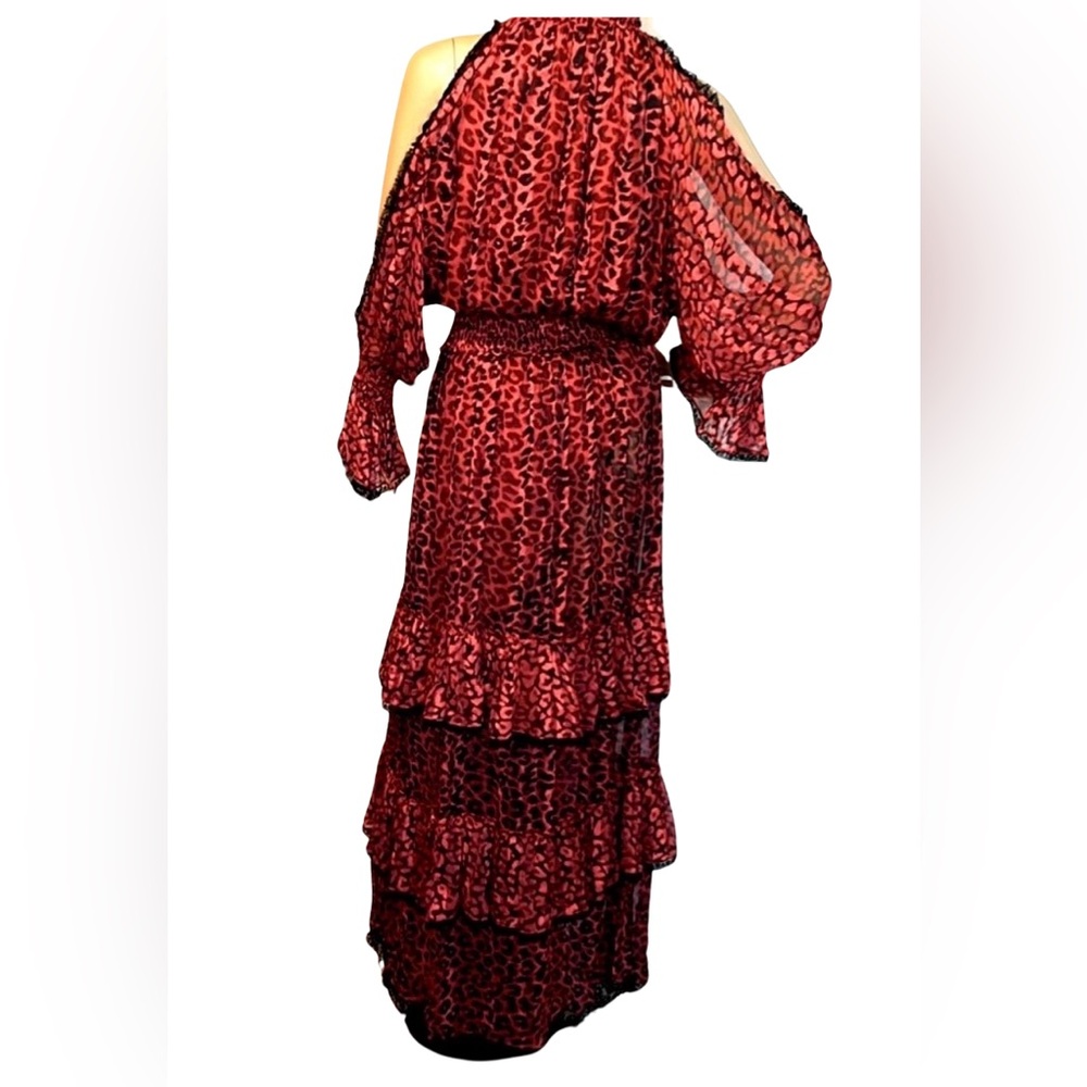 Rococo Sand Size S NWT Black Red Cheetah Print Ruffle Maxi Dress (0337) - Picture 6 of 13